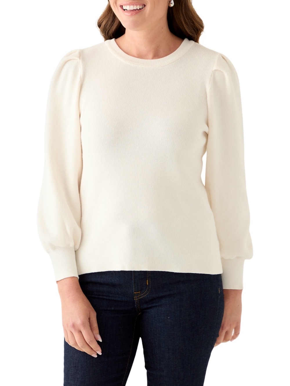 AK ANNE KLEIN Women's Puff-Sleeve Crewneck Sweater in Cream.